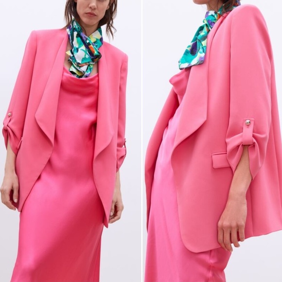 ZARA BUBBLEGUM PINK GOLD TONE BUTTON FLYAWAY BLAZER WITH LAPEL COLLAR $69.90 - Picture 2 of 9